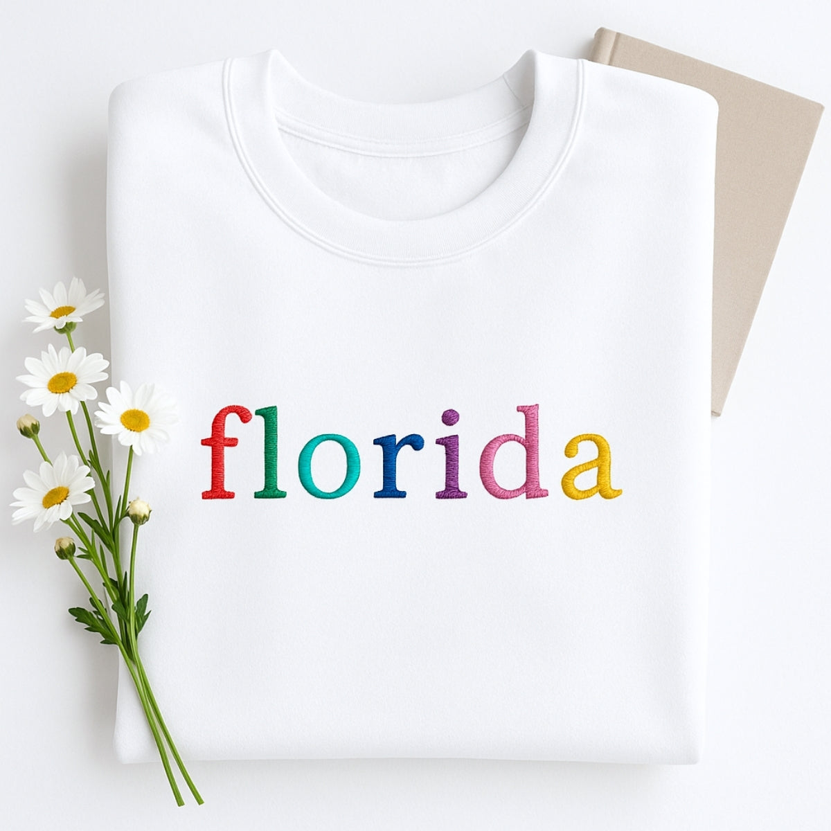 Custom Florida State Sweatshirt - Rainbow Embroidered Letters - Sunshine State Pride Gift