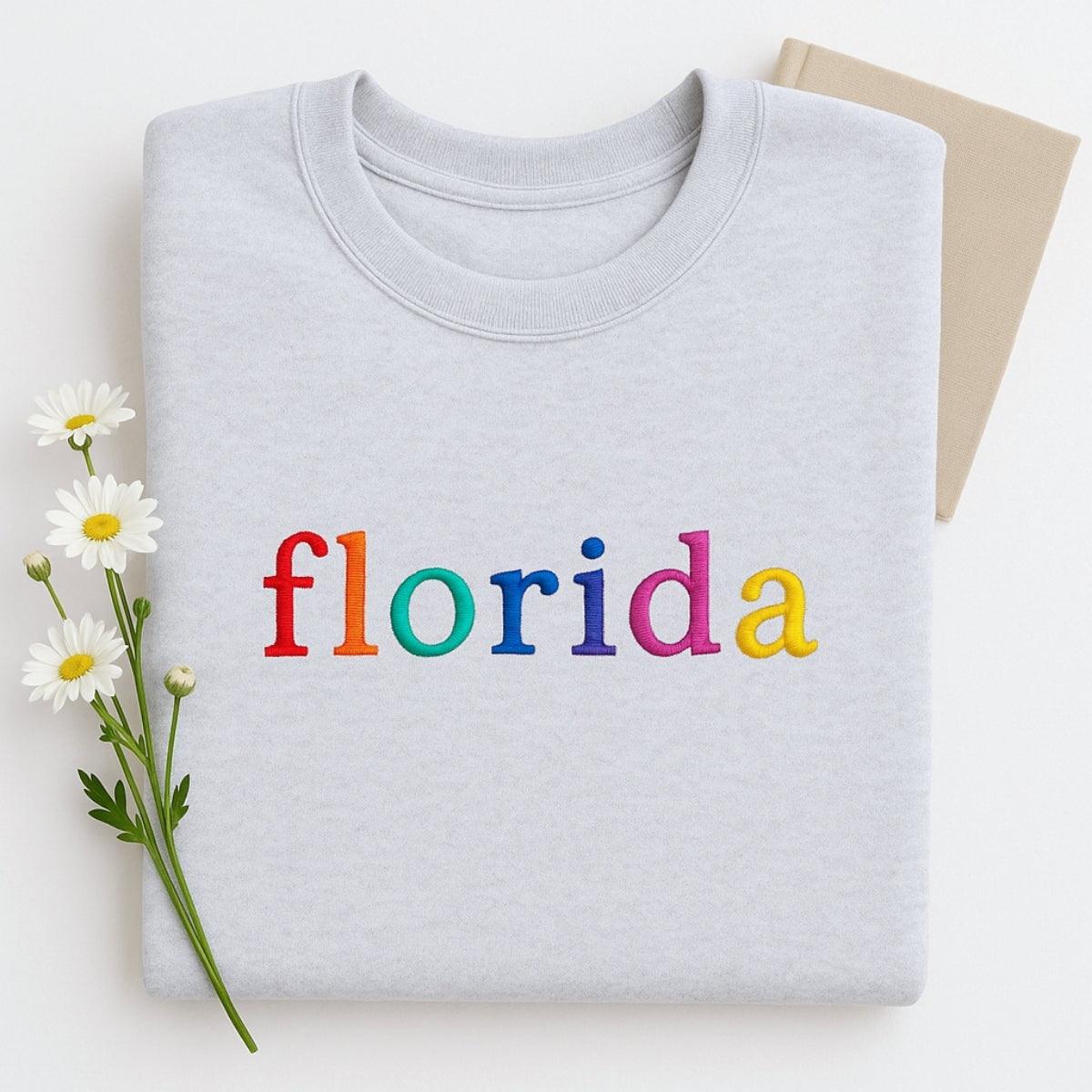 Custom Florida State Sweatshirt - Rainbow Embroidered Letters - Sunshine State Pride Gift
