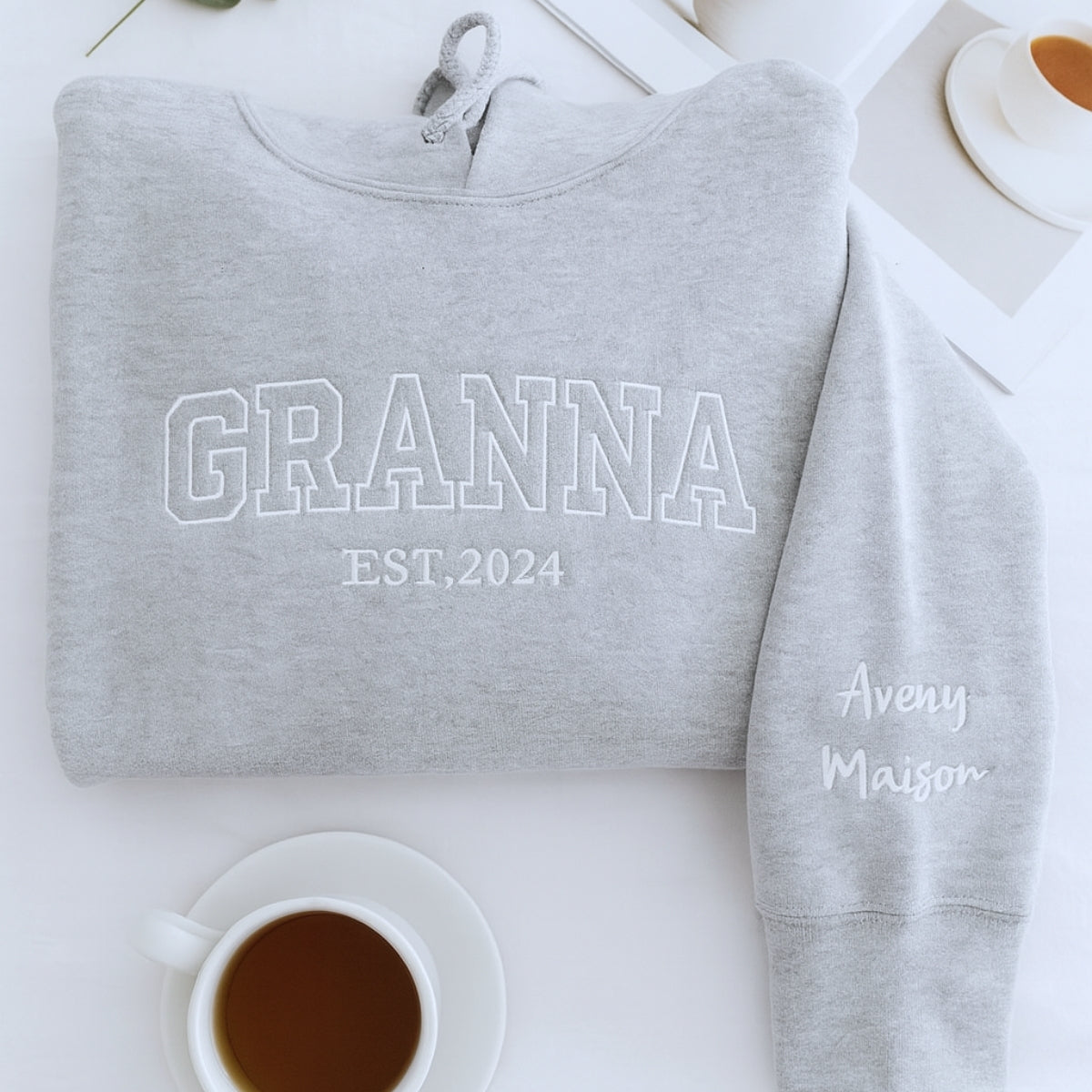 Custom Grandma Hoodie - Grandchildren Names Embroidered Sleeve - Varsity Style Gift