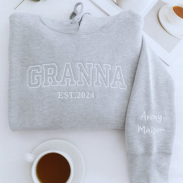 Custom Grandma Hoodie - Grandchildren Names Embroidered Sleeve - Varsity Style Gift