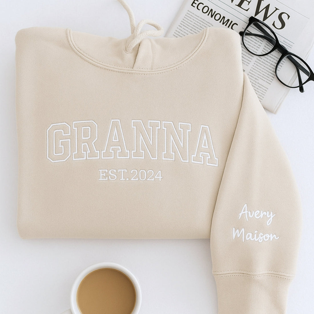 Custom Grandma Hoodie - Grandchildren Names Embroidered Sleeve - Varsity Style Gift