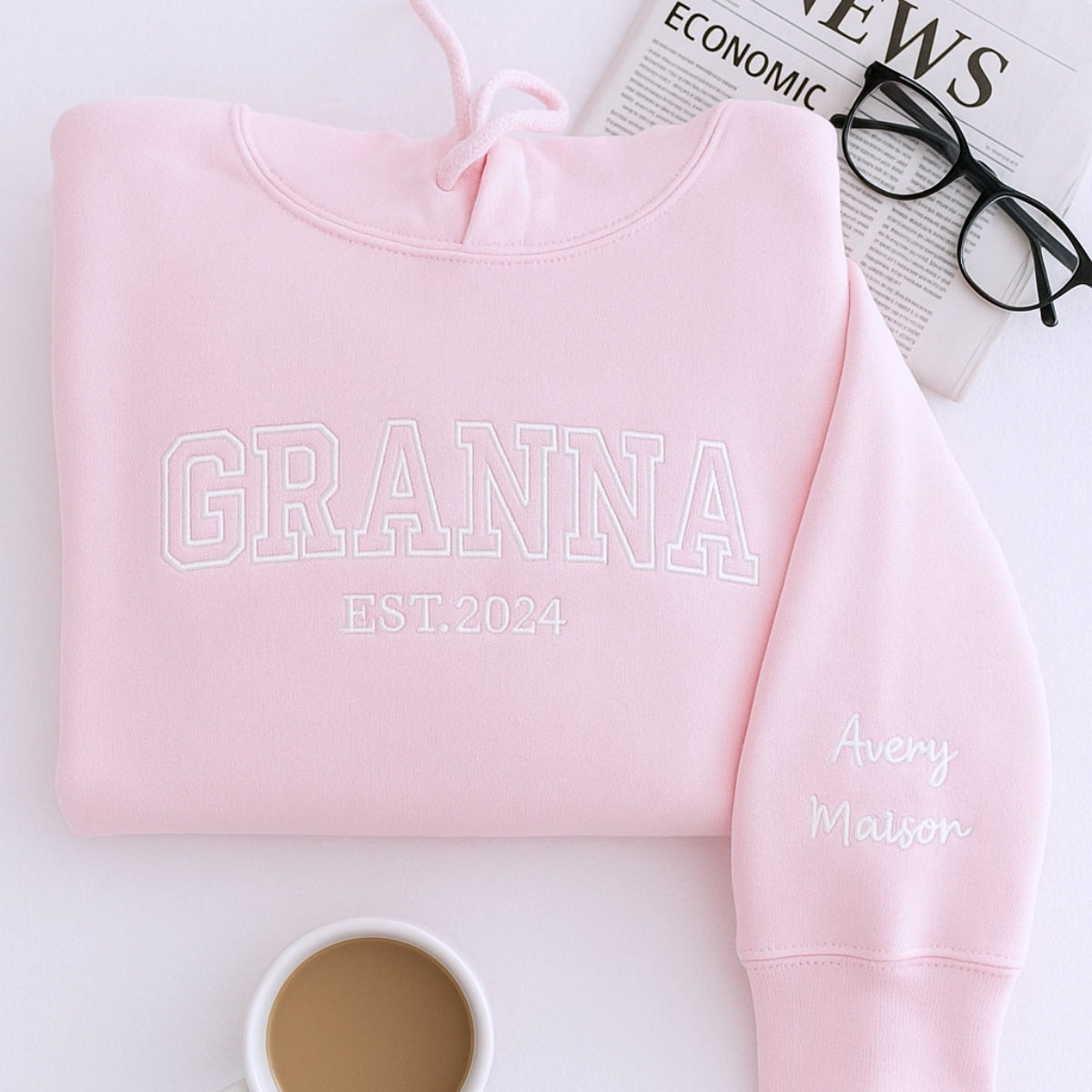 Custom Grandma Hoodie - Grandchildren Names Embroidered Sleeve - Varsity Style Gift