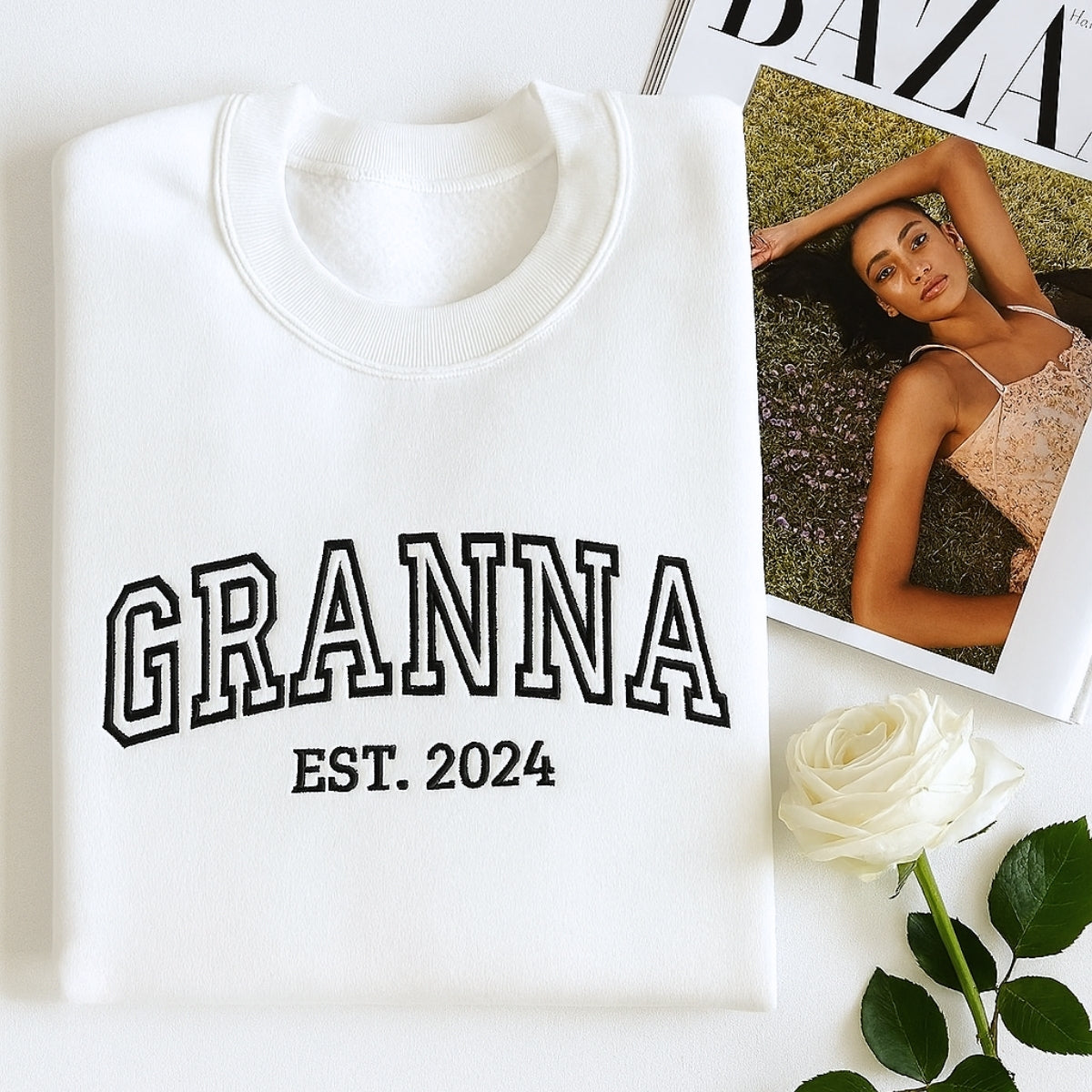 Custom Grandma Hoodie - Grandchildren Names Embroidered Sleeve - Varsity Style Gift