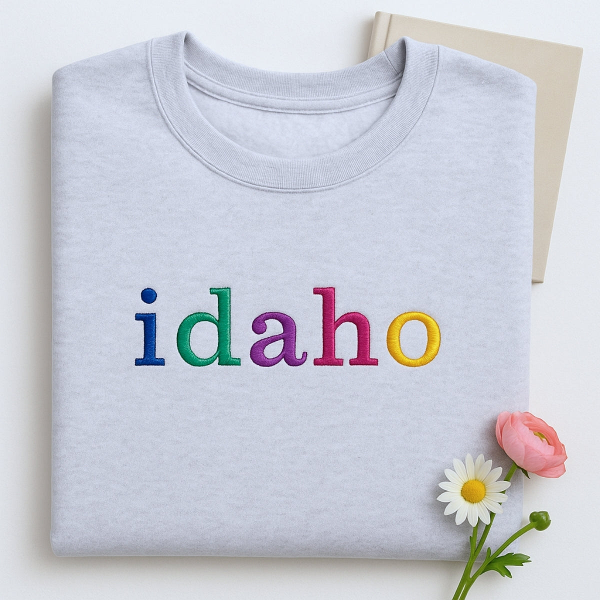 Custom Idaho State Sweatshirt - Rainbow Embroidered Letters - Gem State Pride Gift