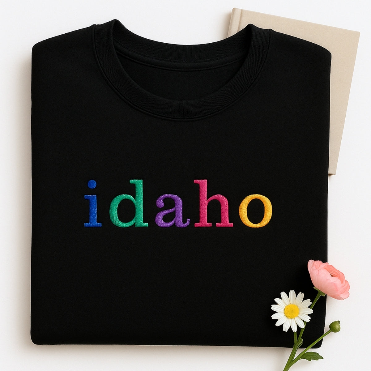 Custom Idaho State Sweatshirt - Rainbow Embroidered Letters - Gem State Pride Gift