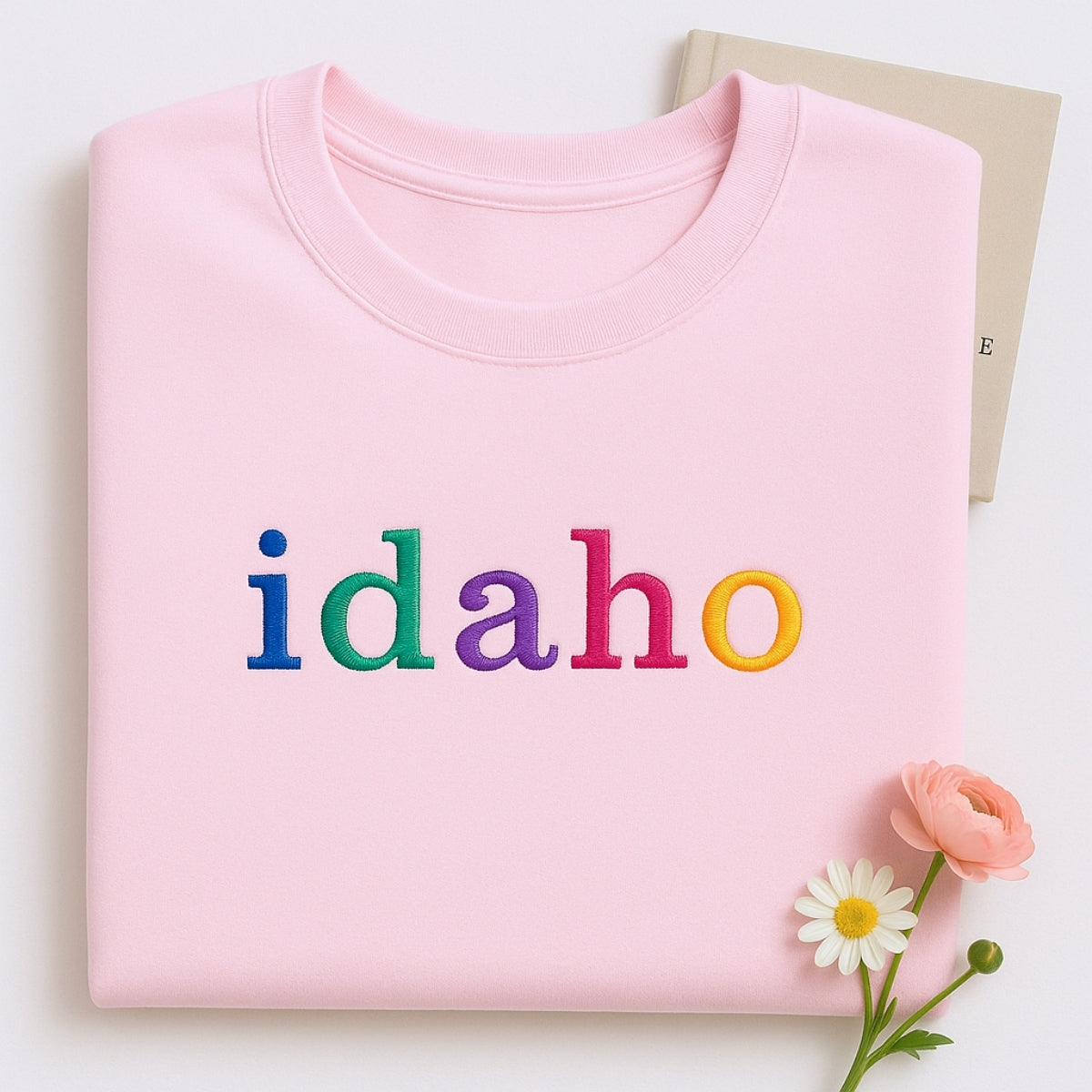 Custom Idaho State Sweatshirt - Rainbow Embroidered Letters - Gem State Pride Gift