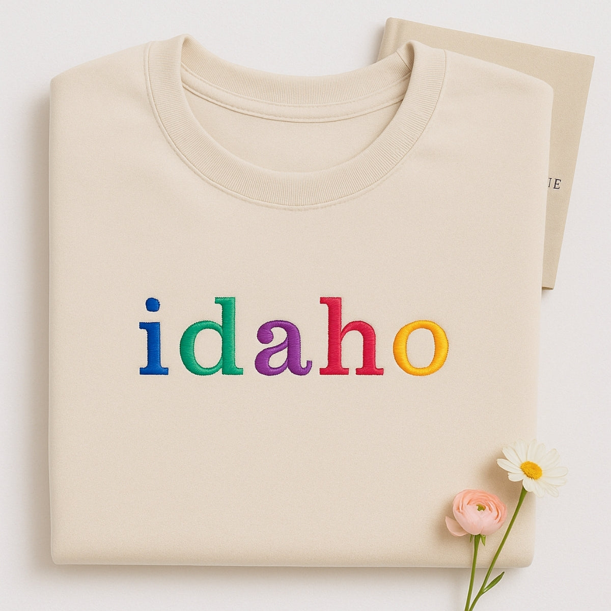 Custom Idaho State Sweatshirt - Rainbow Embroidered Letters - Gem State Pride Gift