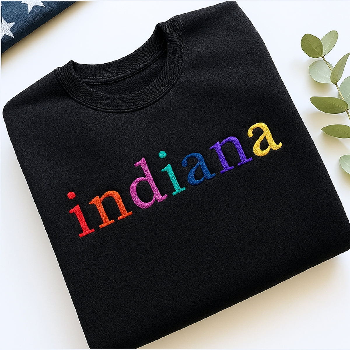 Custom Indiana State Sweatshirt - Rainbow Embroidered Letters - Hoosier State Pride Gift