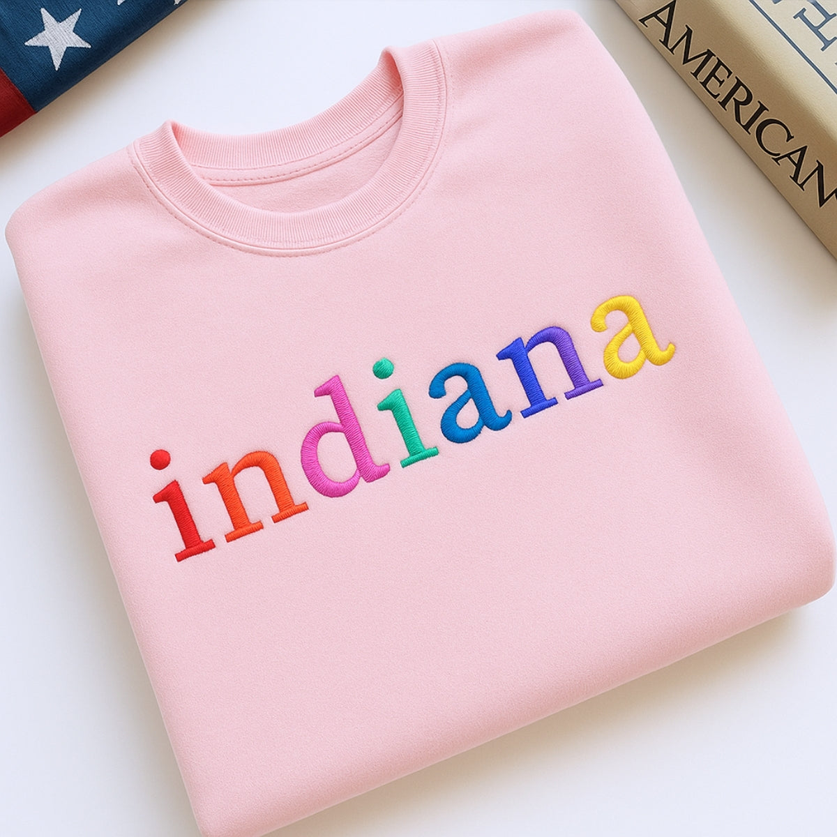 Custom Indiana State Sweatshirt - Rainbow Embroidered Letters - Hoosier State Pride Gift