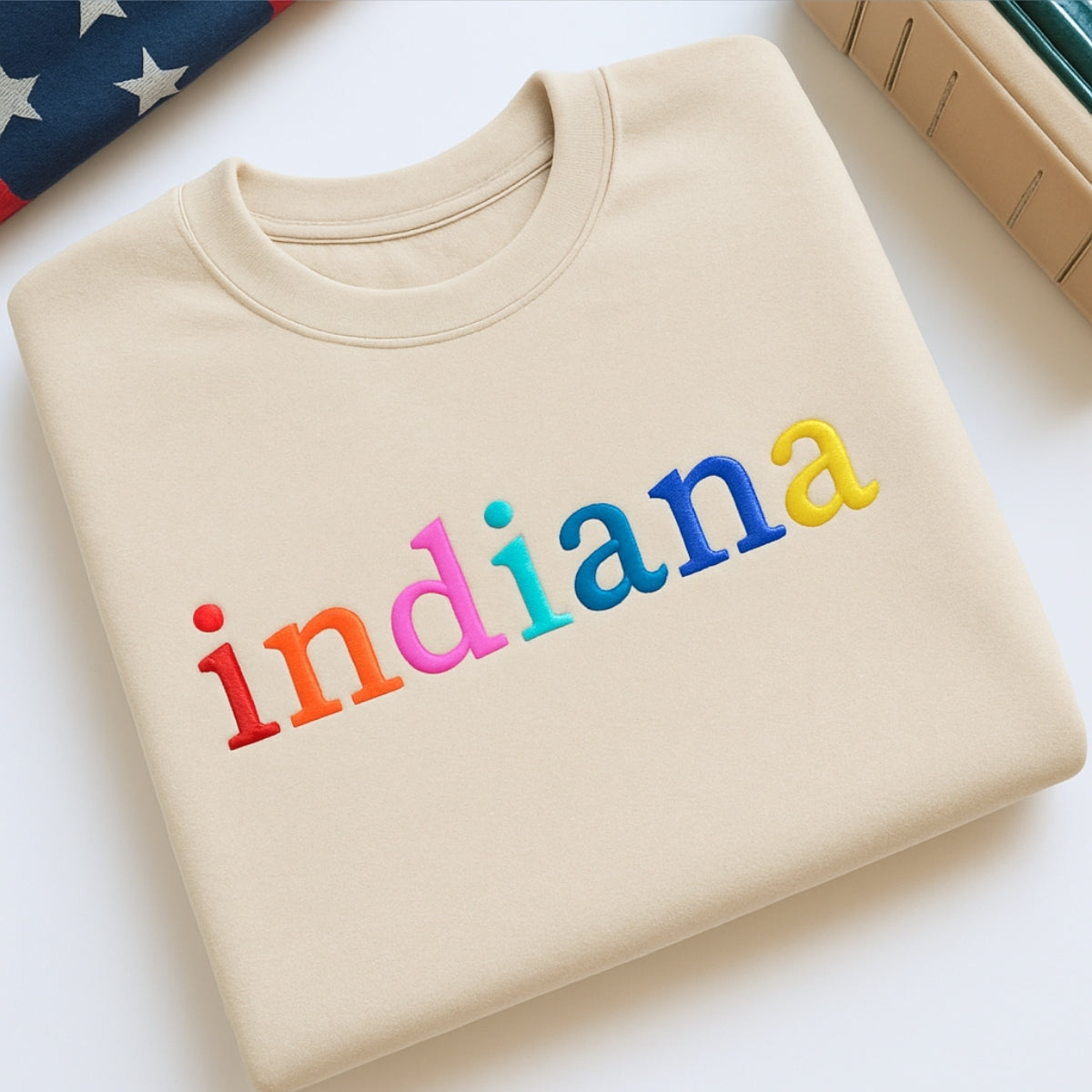 Custom Indiana State Sweatshirt - Rainbow Embroidered Letters - Hoosier State Pride Gift