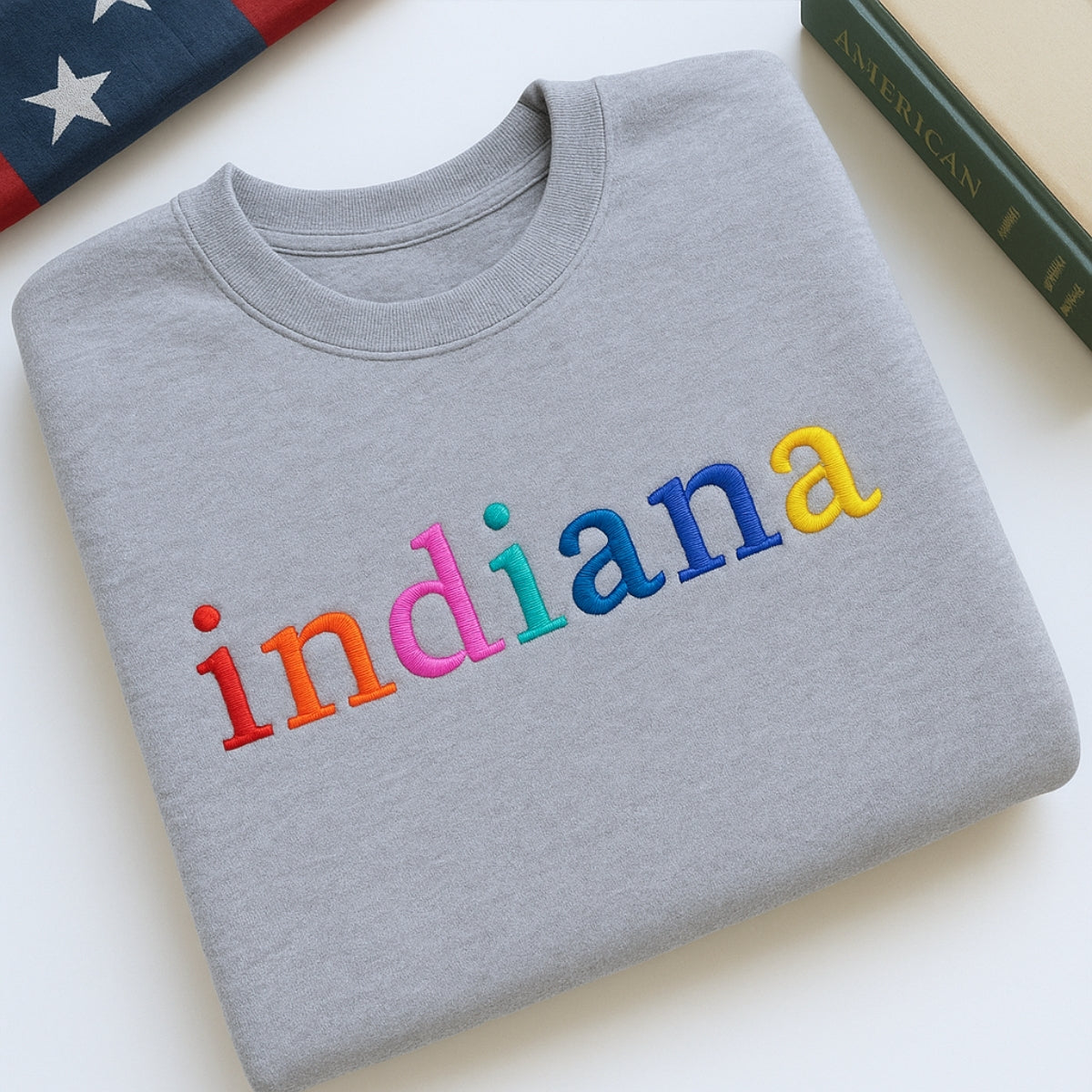 Custom Indiana State Sweatshirt - Rainbow Embroidered Letters - Hoosier State Pride Gift