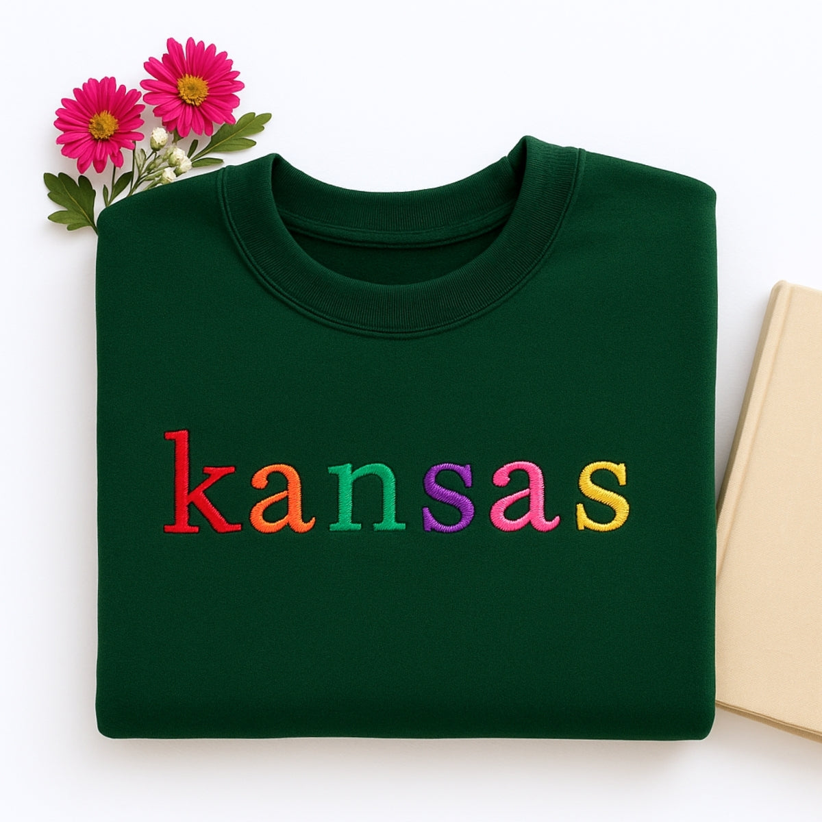 Custom Kansas State Sweatshirt - Rainbow Embroidered Letters - Sunflower State Pride Gift