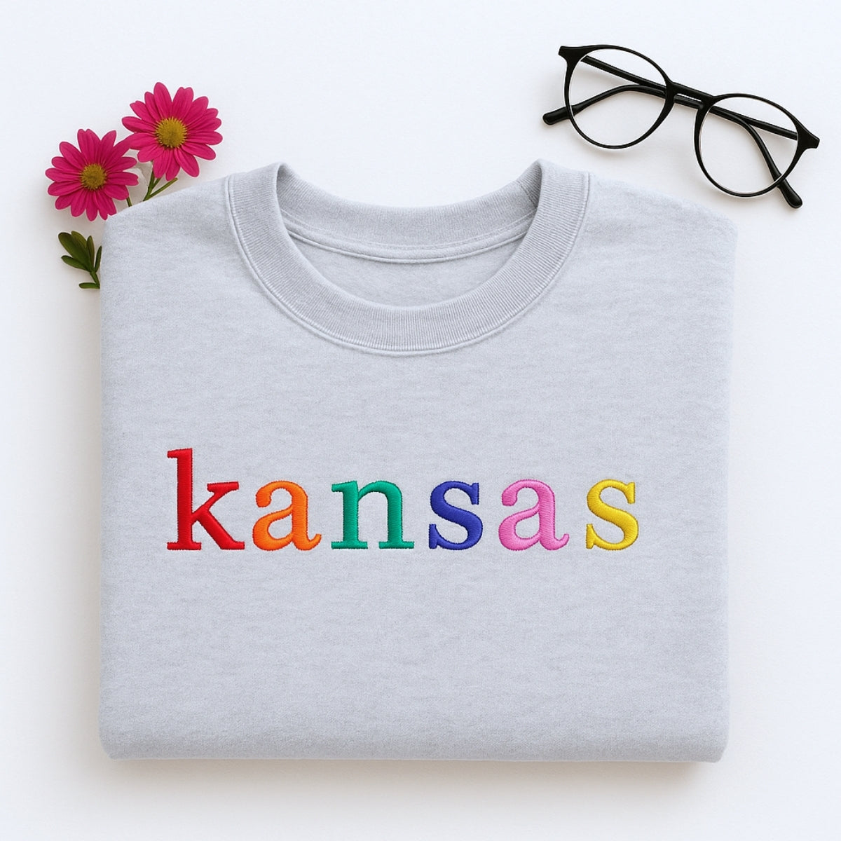 Custom Kansas State Sweatshirt - Rainbow Embroidered Letters - Sunflower State Pride Gift