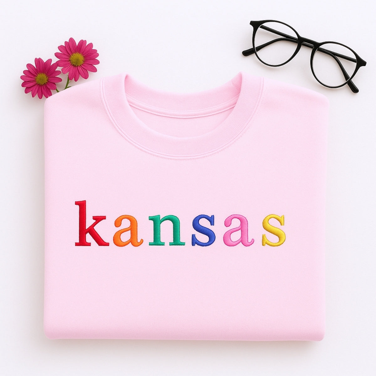 Custom Kansas State Sweatshirt - Rainbow Embroidered Letters - Sunflower State Pride Gift