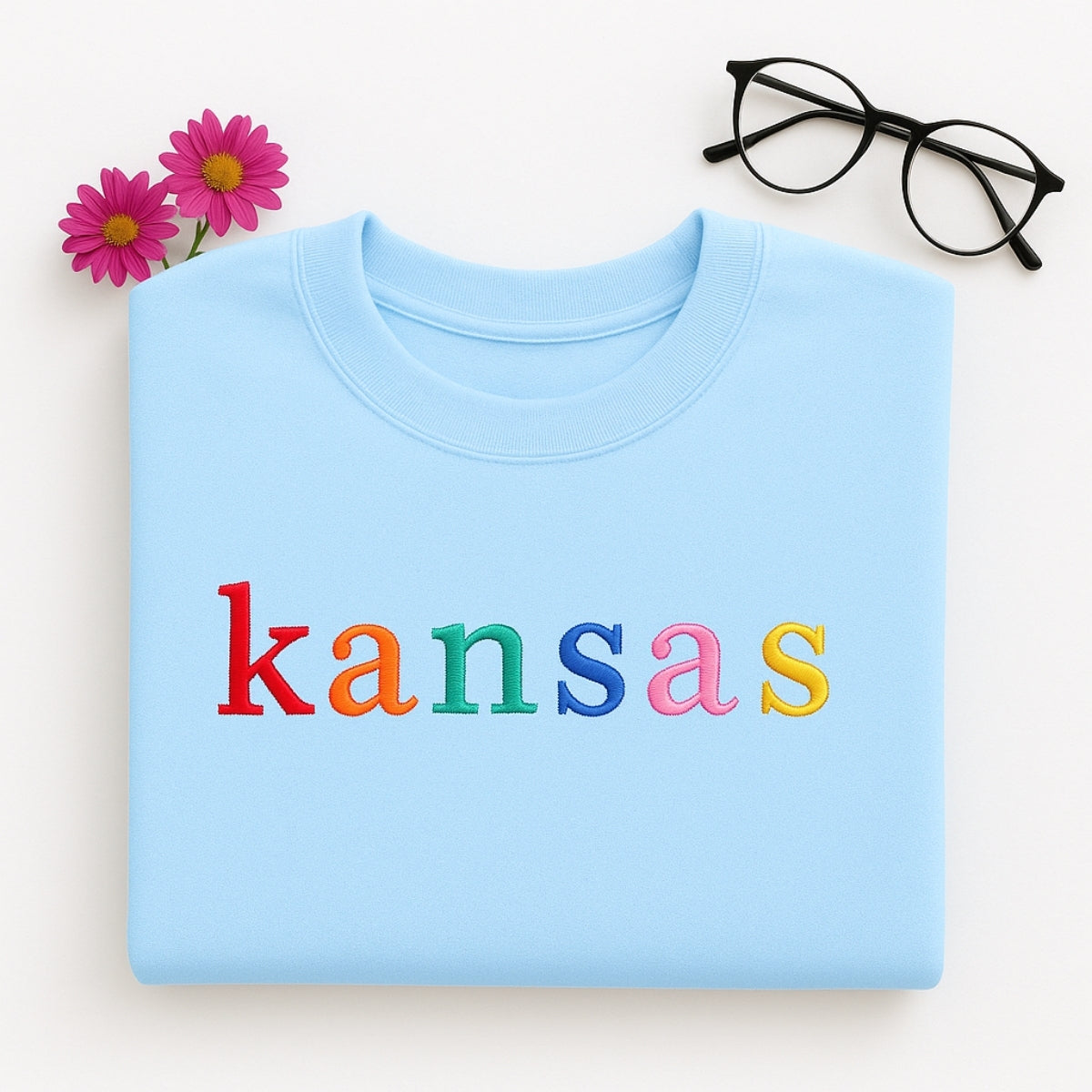 Custom Kansas State Sweatshirt - Rainbow Embroidered Letters - Sunflower State Pride Gift