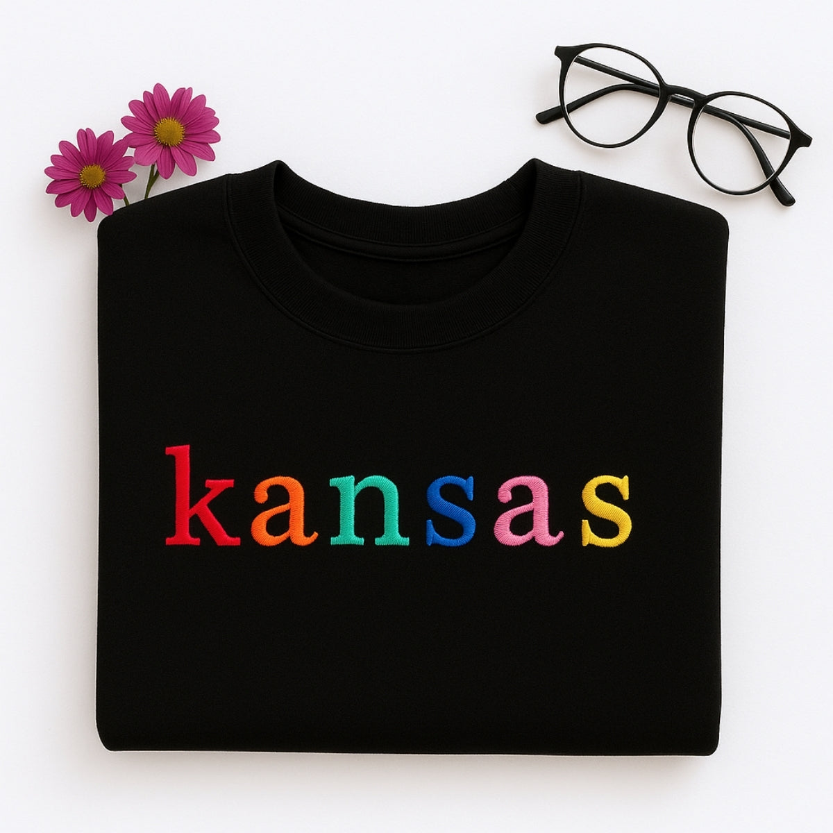 Custom Kansas State Sweatshirt - Rainbow Embroidered Letters - Sunflower State Pride Gift