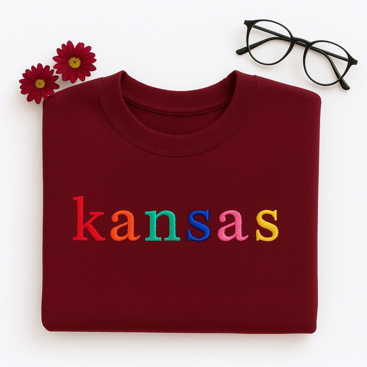 Custom Kansas State Sweatshirt - Rainbow Embroidered Letters - Sunflower State Pride Gift