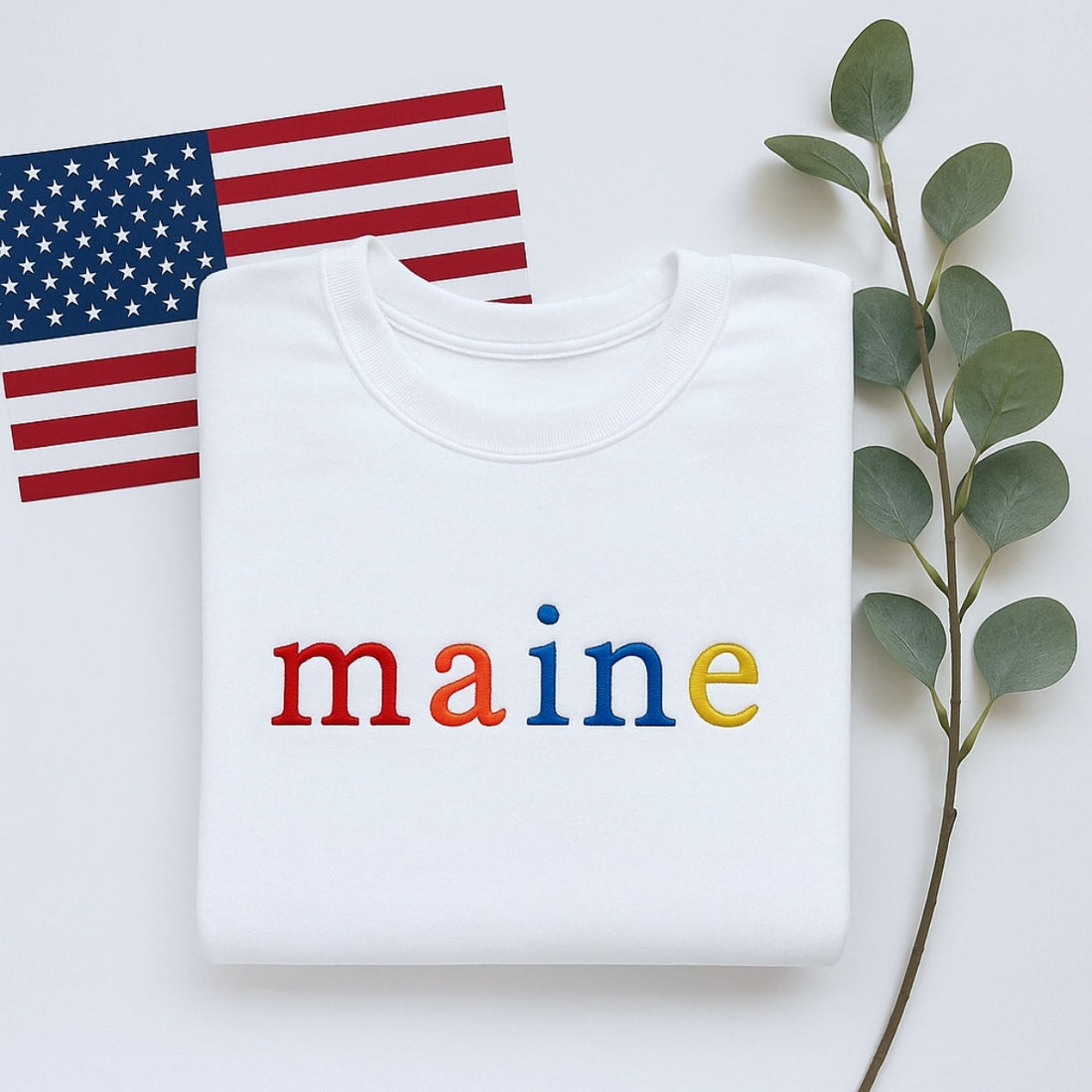 Custom Maine State Sweatshirt - Rainbow Embroidered Letters - Pine Tree State Pride Gift