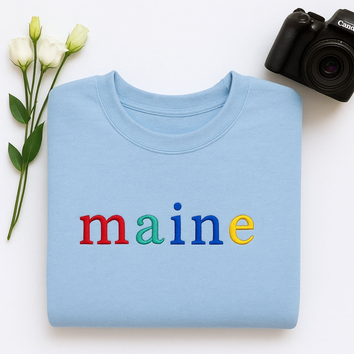 Custom Maine State Sweatshirt - Rainbow Embroidered Letters - Pine Tree State Pride Gift