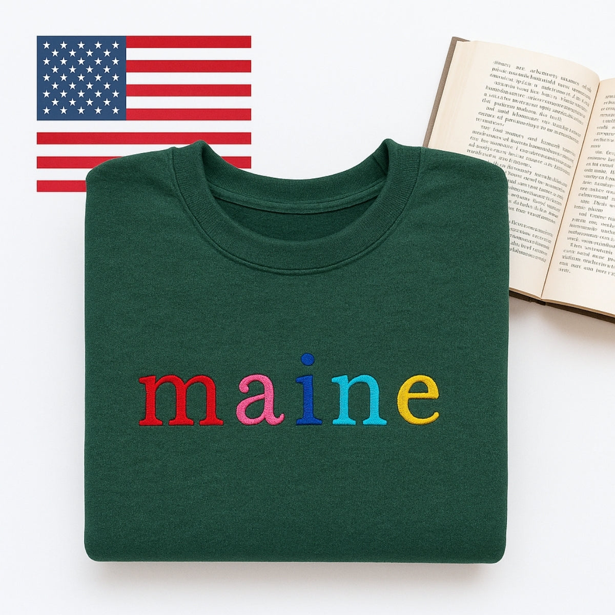 Custom Maine State Sweatshirt - Rainbow Embroidered Letters - Pine Tree State Pride Gift