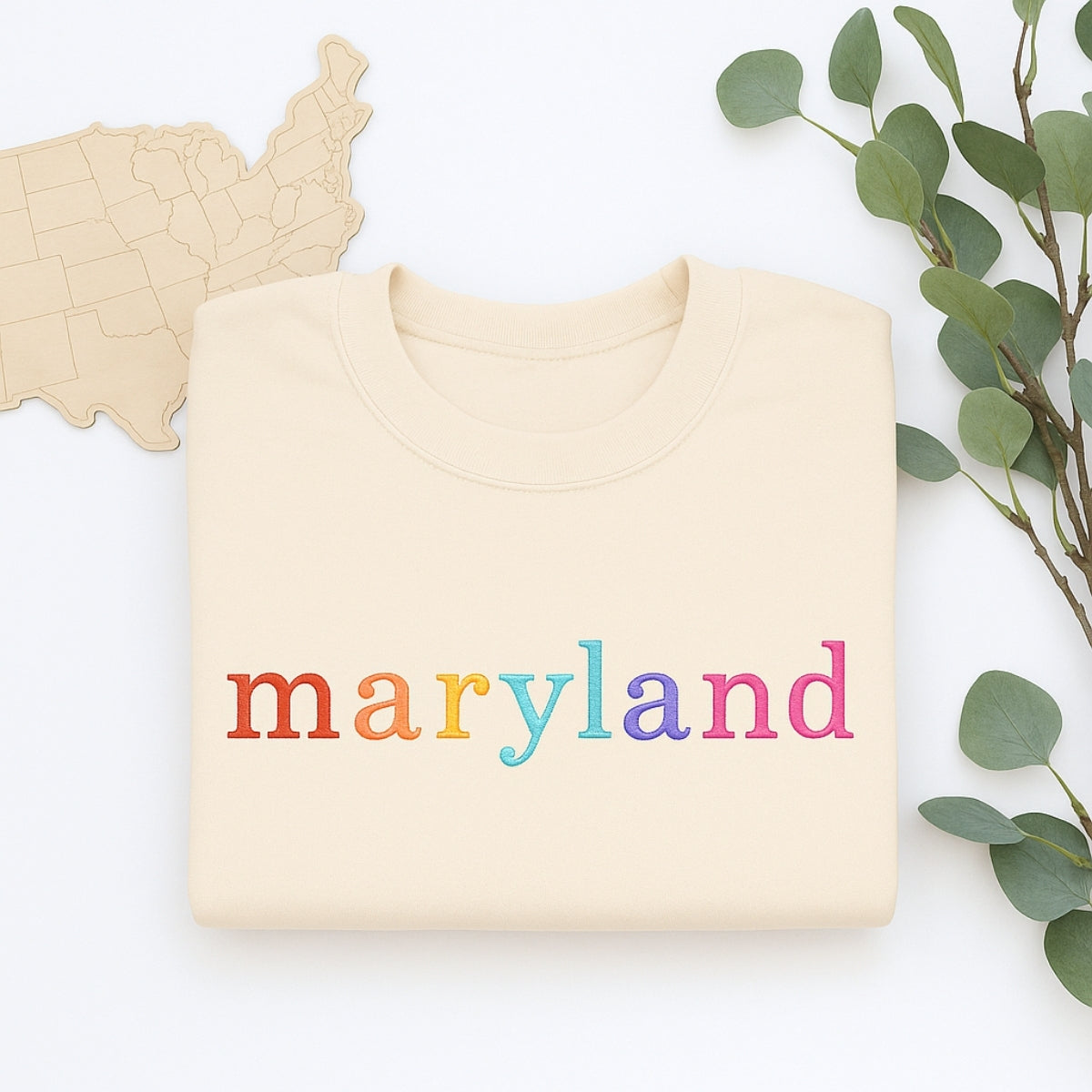 Custom Maryland State Sweatshirt - Rainbow Embroidered Letters - Old Line State Pride Gift