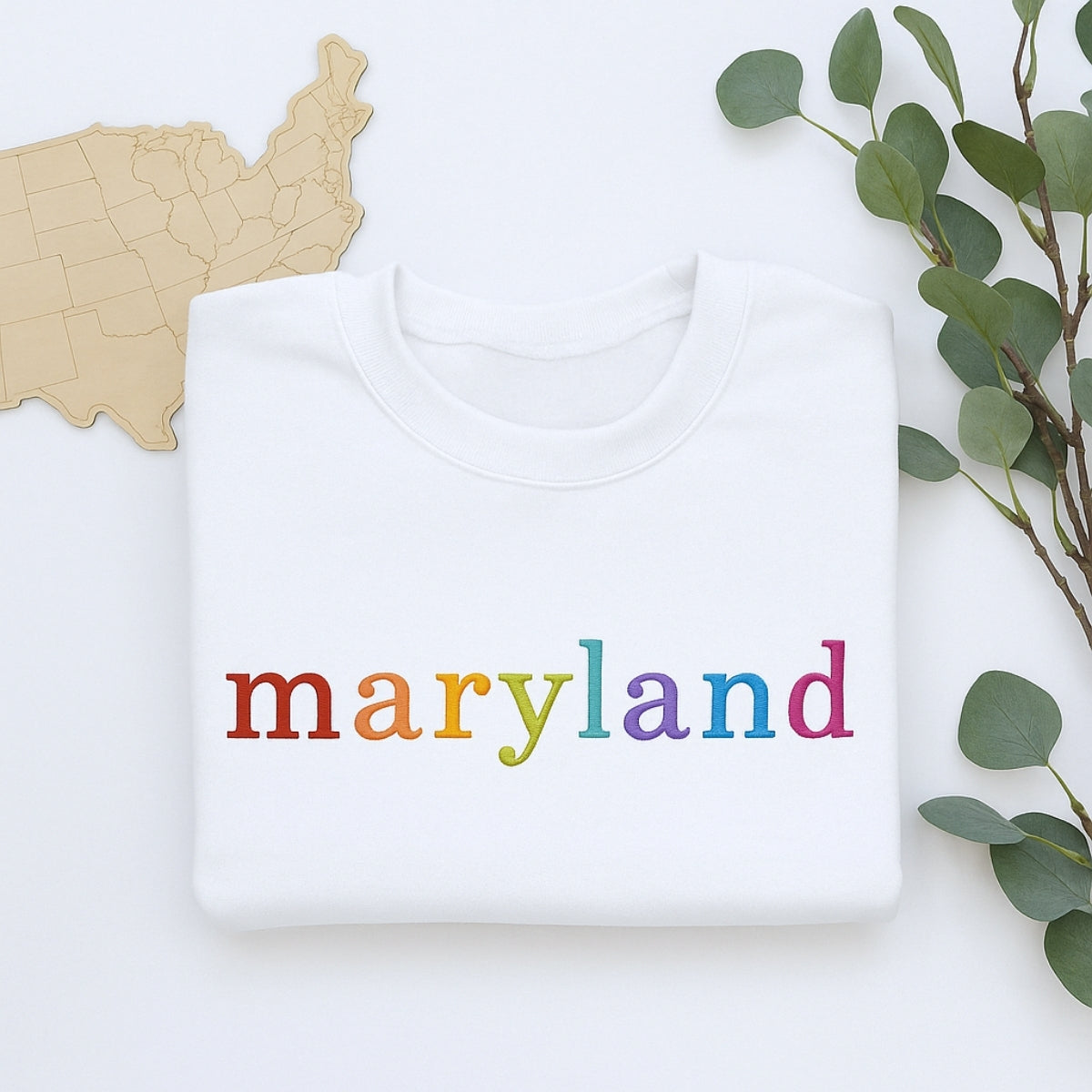 Custom Maryland State Sweatshirt - Rainbow Embroidered Letters - Old Line State Pride Gift