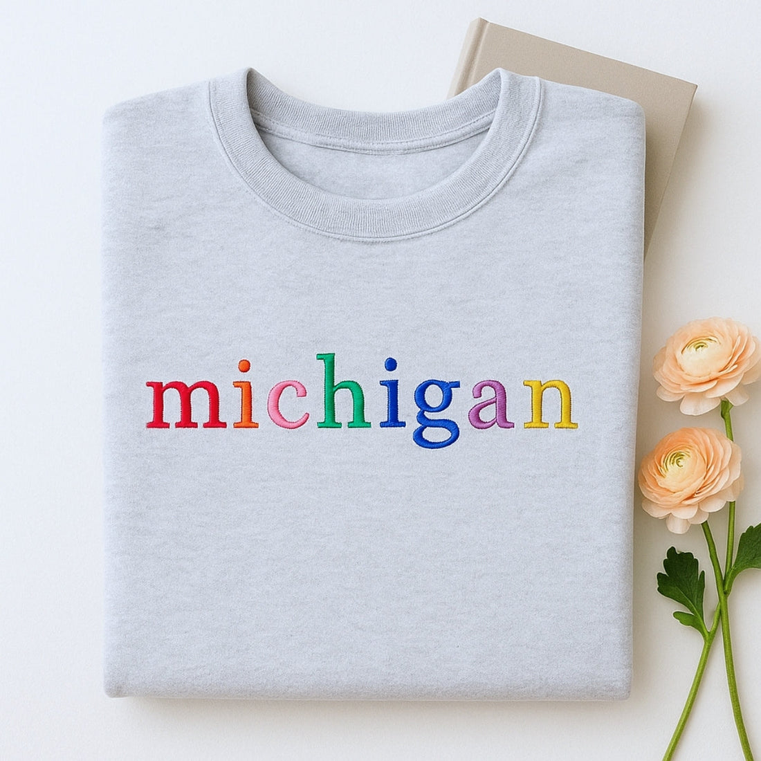 Custom Michigan State Sweatshirt - Rainbow Embroidered Letters - Great Lakes State Pride Gift
