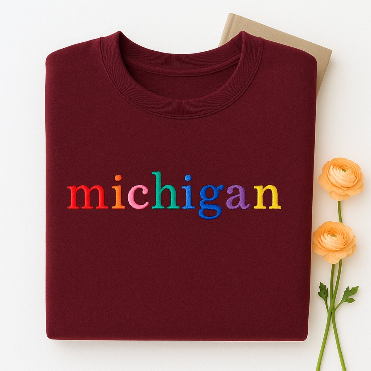 Custom Michigan State Sweatshirt - Rainbow Embroidered Letters - Great Lakes State Pride Gift