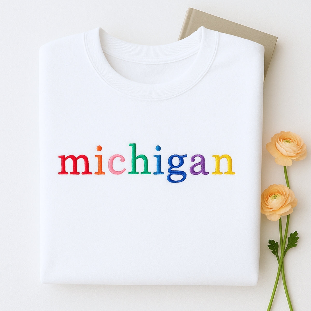 Custom Michigan State Sweatshirt - Rainbow Embroidered Letters - Great Lakes State Pride Gift
