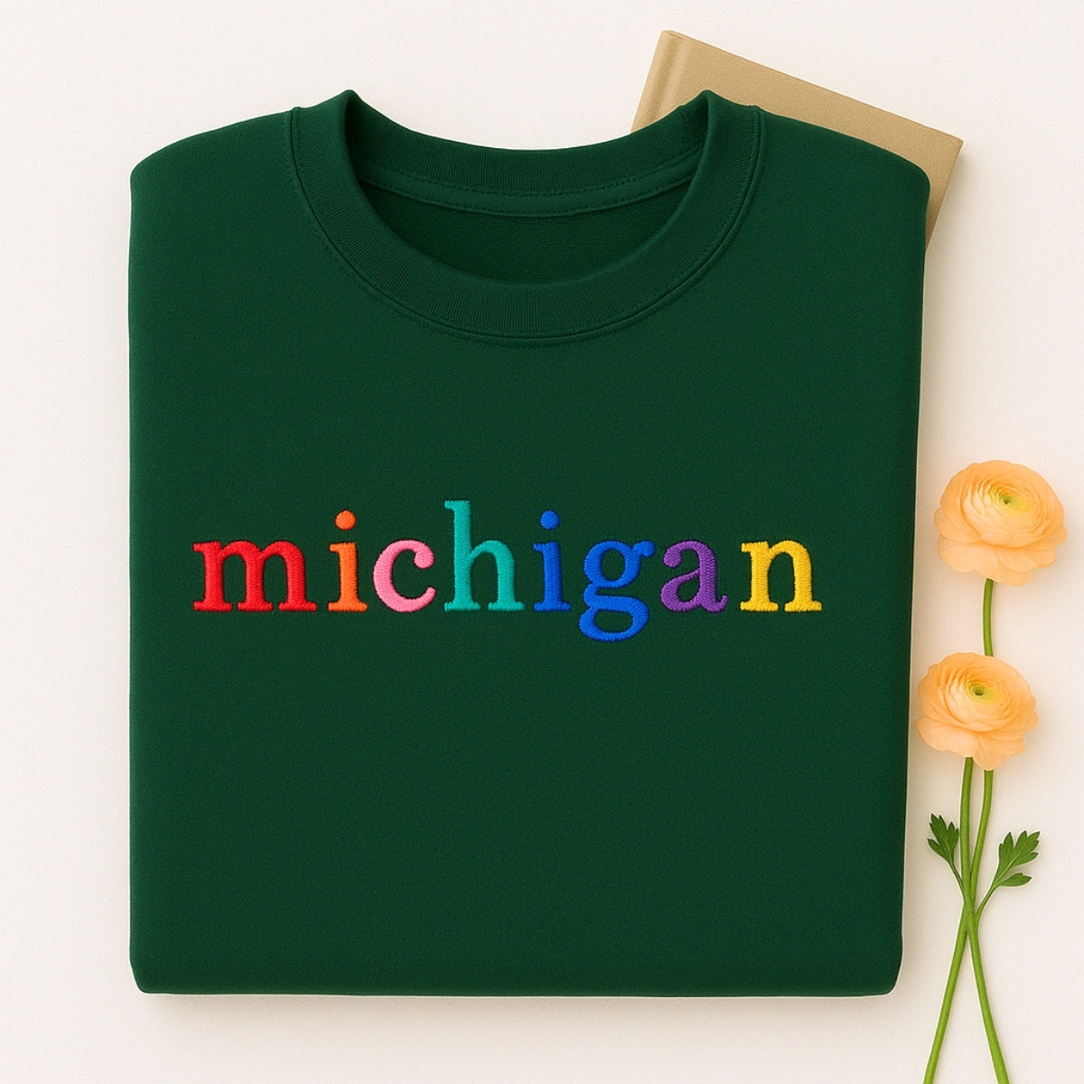 Custom Michigan State Sweatshirt - Rainbow Embroidered Letters - Great Lakes State Pride Gift