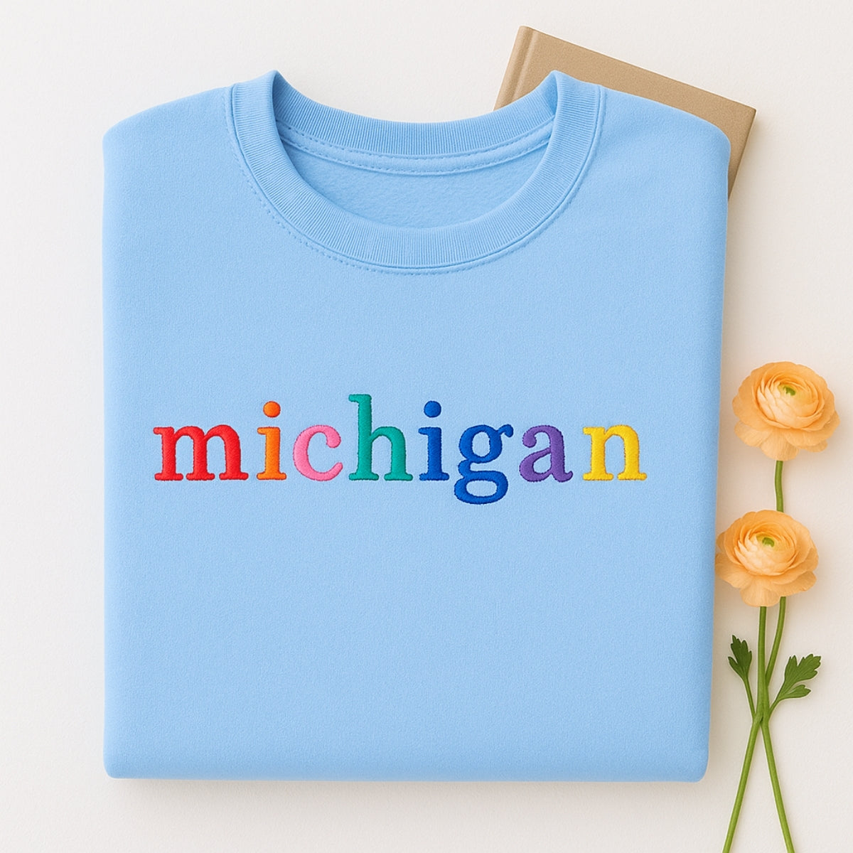 Custom Michigan State Sweatshirt - Rainbow Embroidered Letters - Great Lakes State Pride Gift