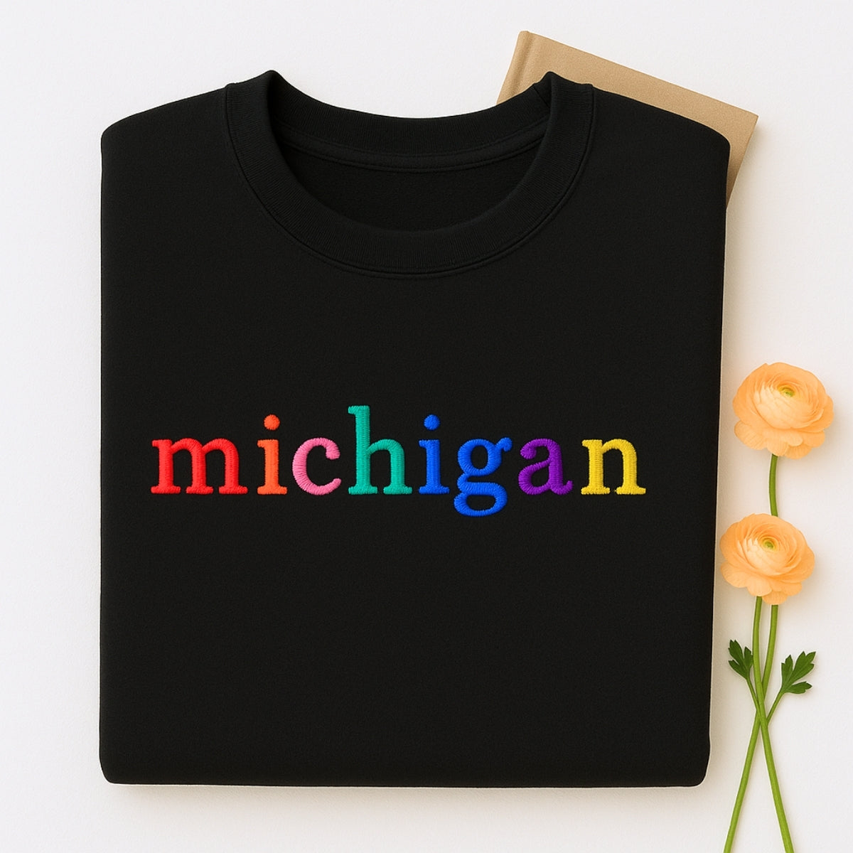 Custom Michigan State Sweatshirt - Rainbow Embroidered Letters - Great Lakes State Pride Gift