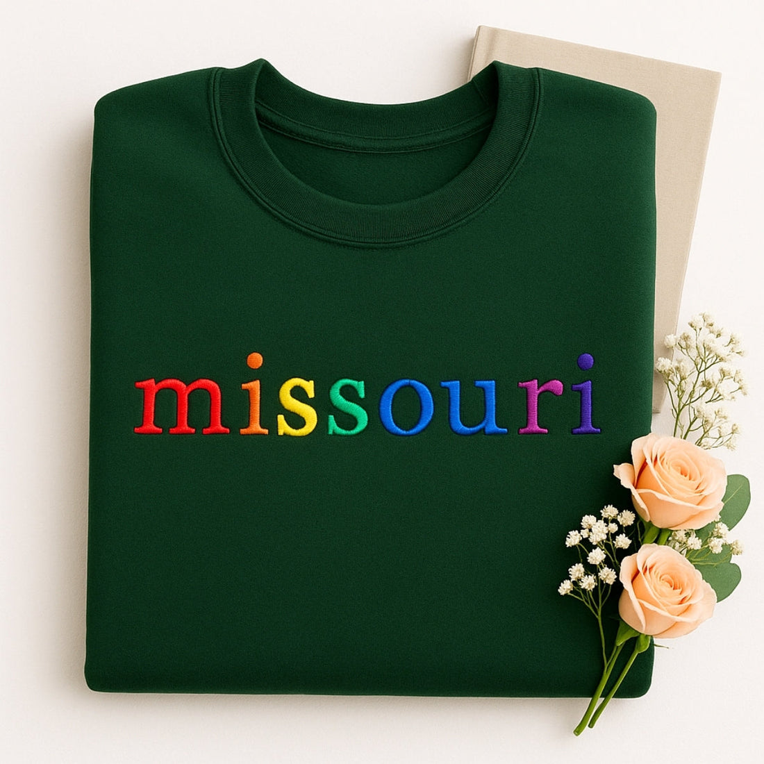 Custom Missouri State Sweatshirt - Rainbow Embroidered Letters - Show Me State Pride Gift