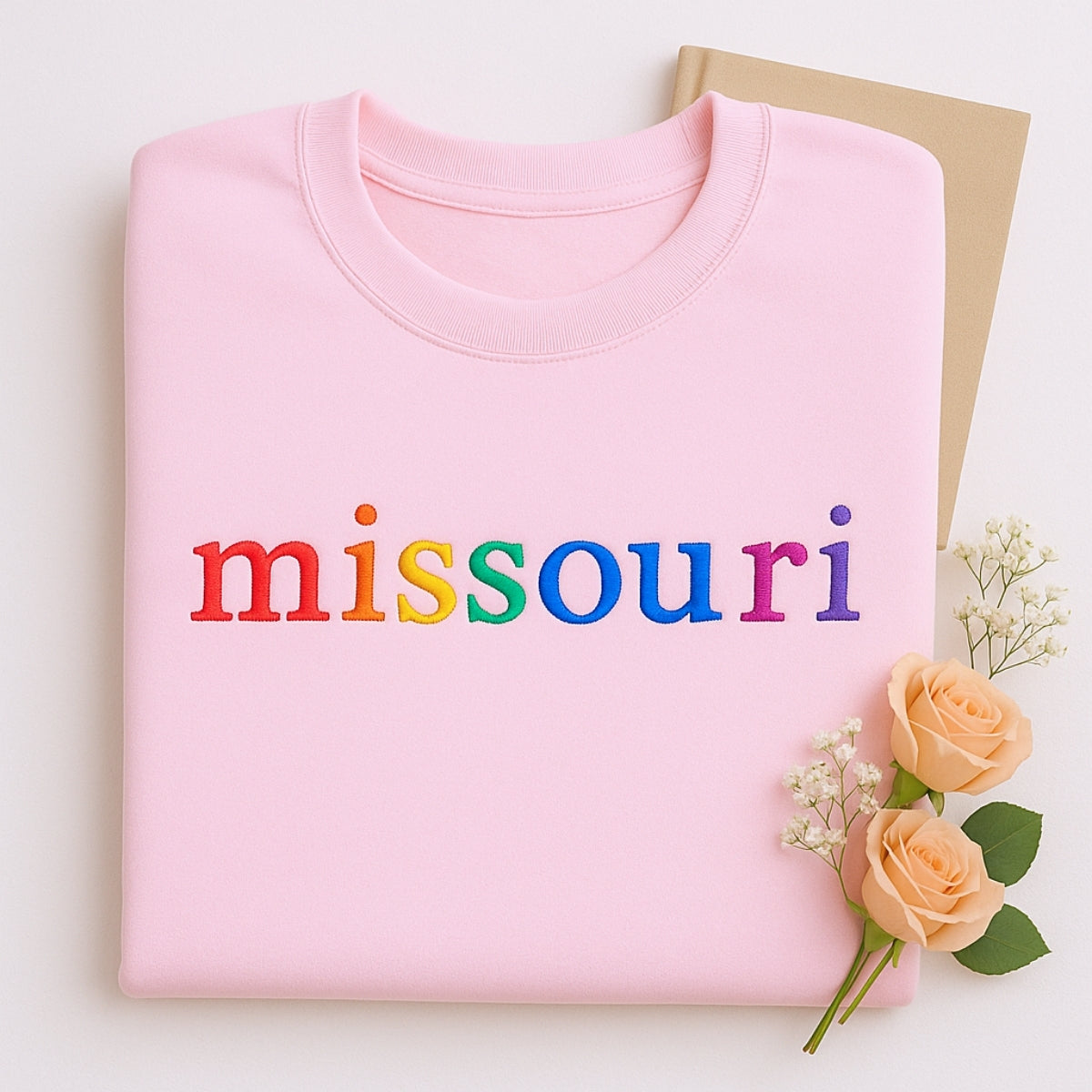 Custom Missouri State Sweatshirt - Rainbow Embroidered Letters - Show Me State Pride Gift