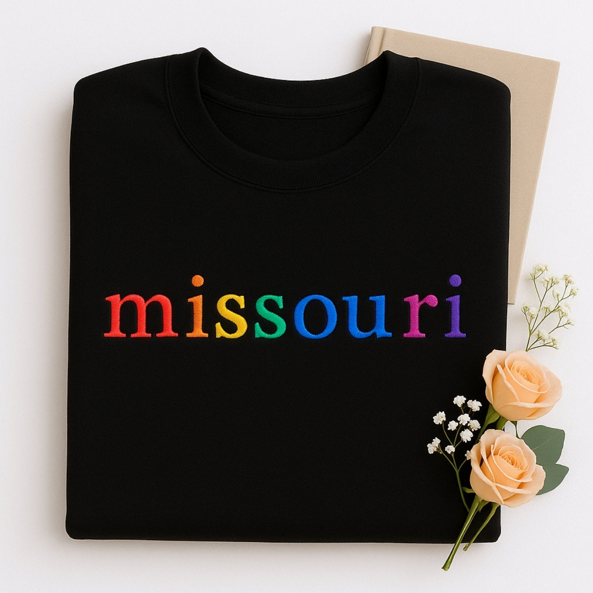 Custom Missouri State Sweatshirt - Rainbow Embroidered Letters - Show Me State Pride Gift