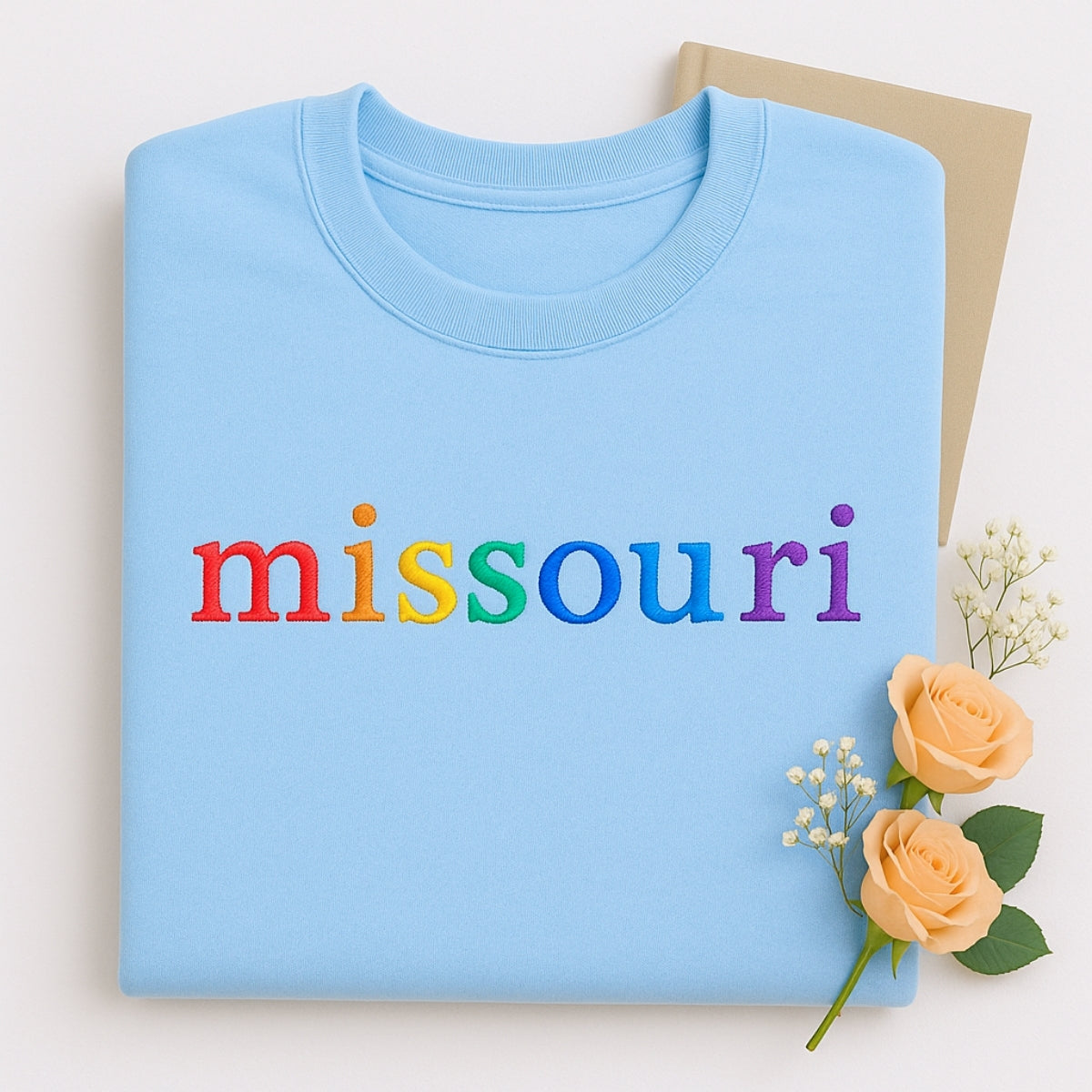 Custom Missouri State Sweatshirt - Rainbow Embroidered Letters - Show Me State Pride Gift