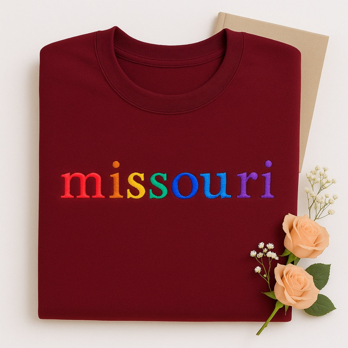Custom Missouri State Sweatshirt - Rainbow Embroidered Letters - Show Me State Pride Gift