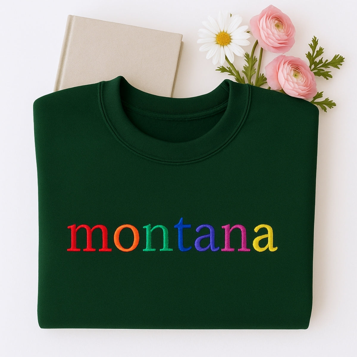 Custom Montana State Sweatshirt - Rainbow Embroidered Letters - Big Sky Country Pride Gift