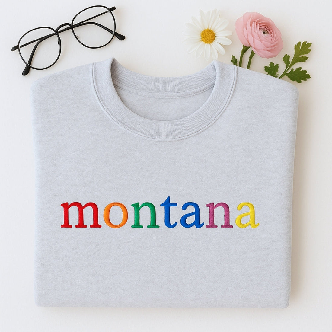 Custom Montana State Sweatshirt - Rainbow Embroidered Letters - Big Sky Country Pride Gift