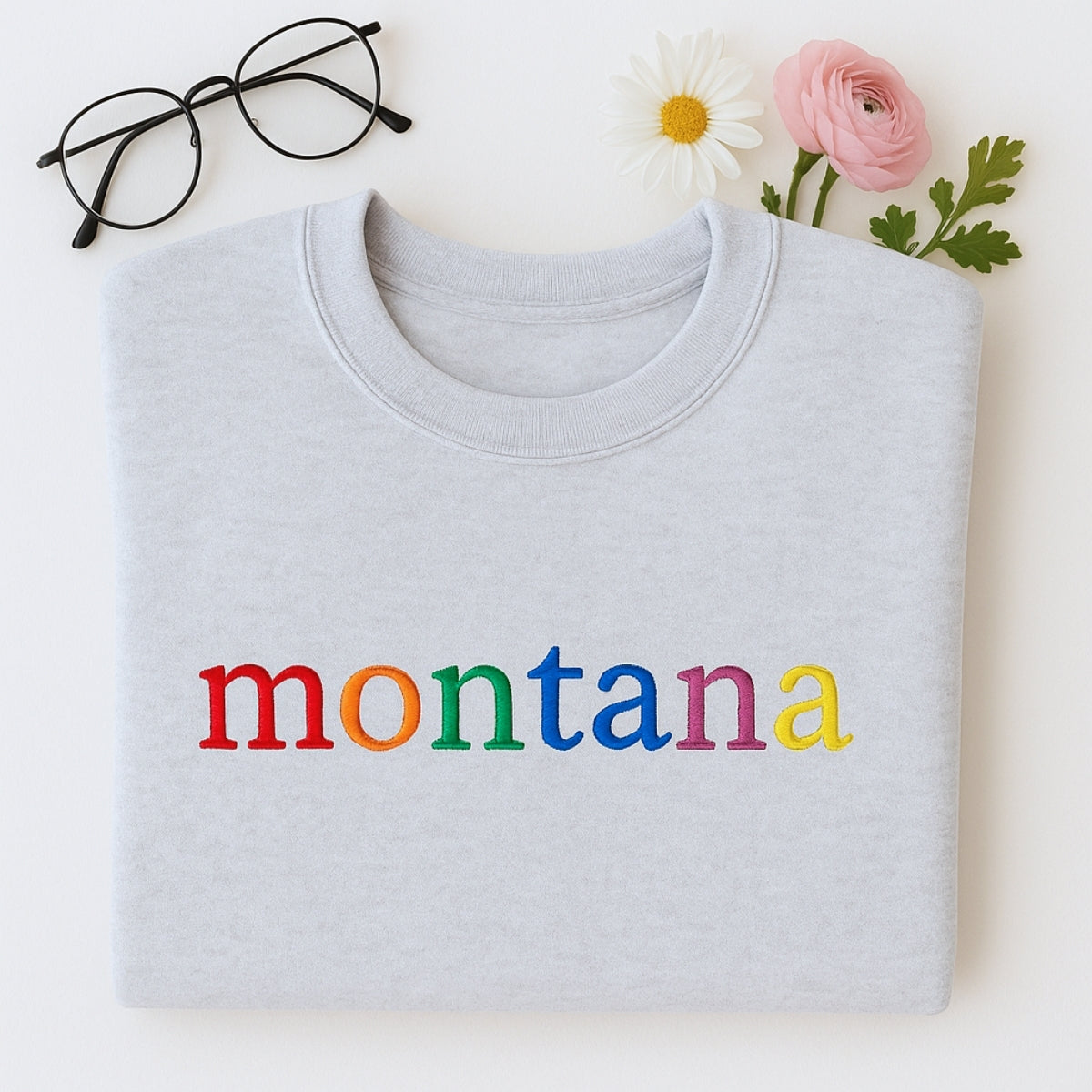 Custom Montana State Sweatshirt - Rainbow Embroidered Letters - Big Sky Country Pride Gift