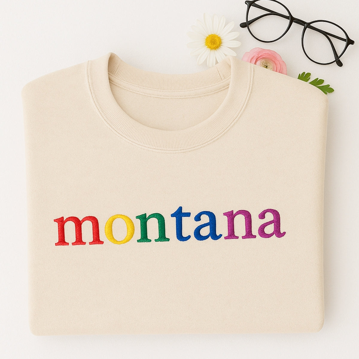 Custom Montana State Sweatshirt - Rainbow Embroidered Letters - Big Sky Country Pride Gift
