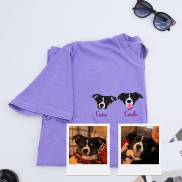 Custom Multi Pet Portrait T-Shirts - Two Dog Embroidered Shirts - Personalized Pet Names Gift - Perfect Dog Mom Dad Multi-Pet Family Tee