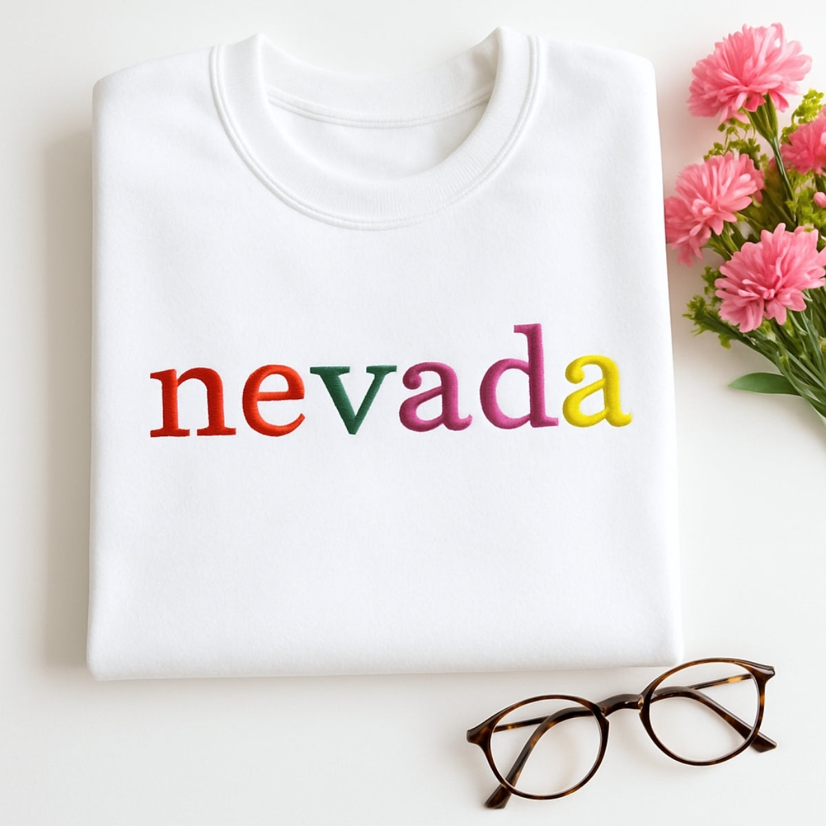 Custom Nevada State Sweatshirt - Rainbow Embroidered Letters - Silver State Pride Gift