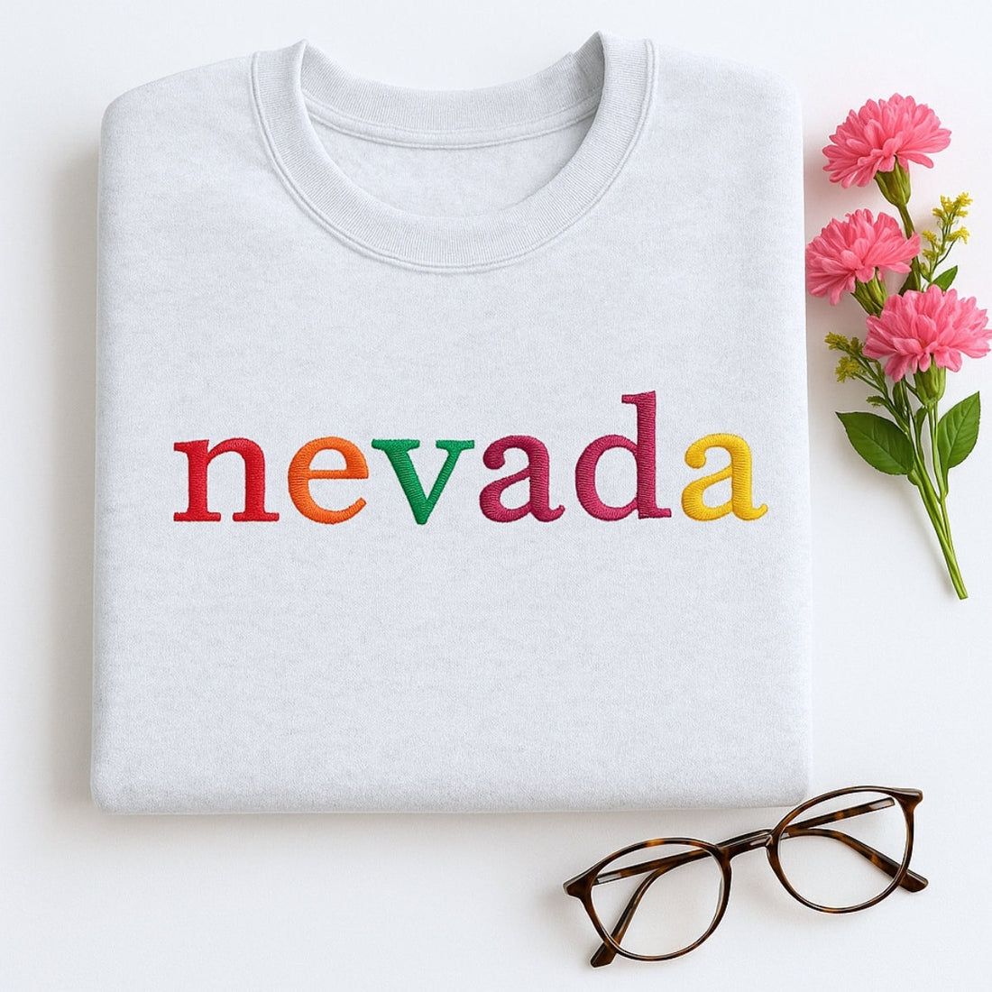 Custom Nevada State Sweatshirt - Rainbow Embroidered Letters - Silver State Pride Gift