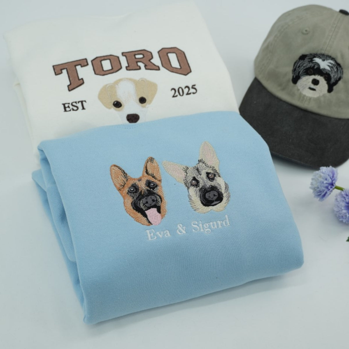 Custom Pet Portrait Hoodies - Varsity Style Dog Cat Face Embroidered Sweatshirts with Names - Premium Pet Lover Gift