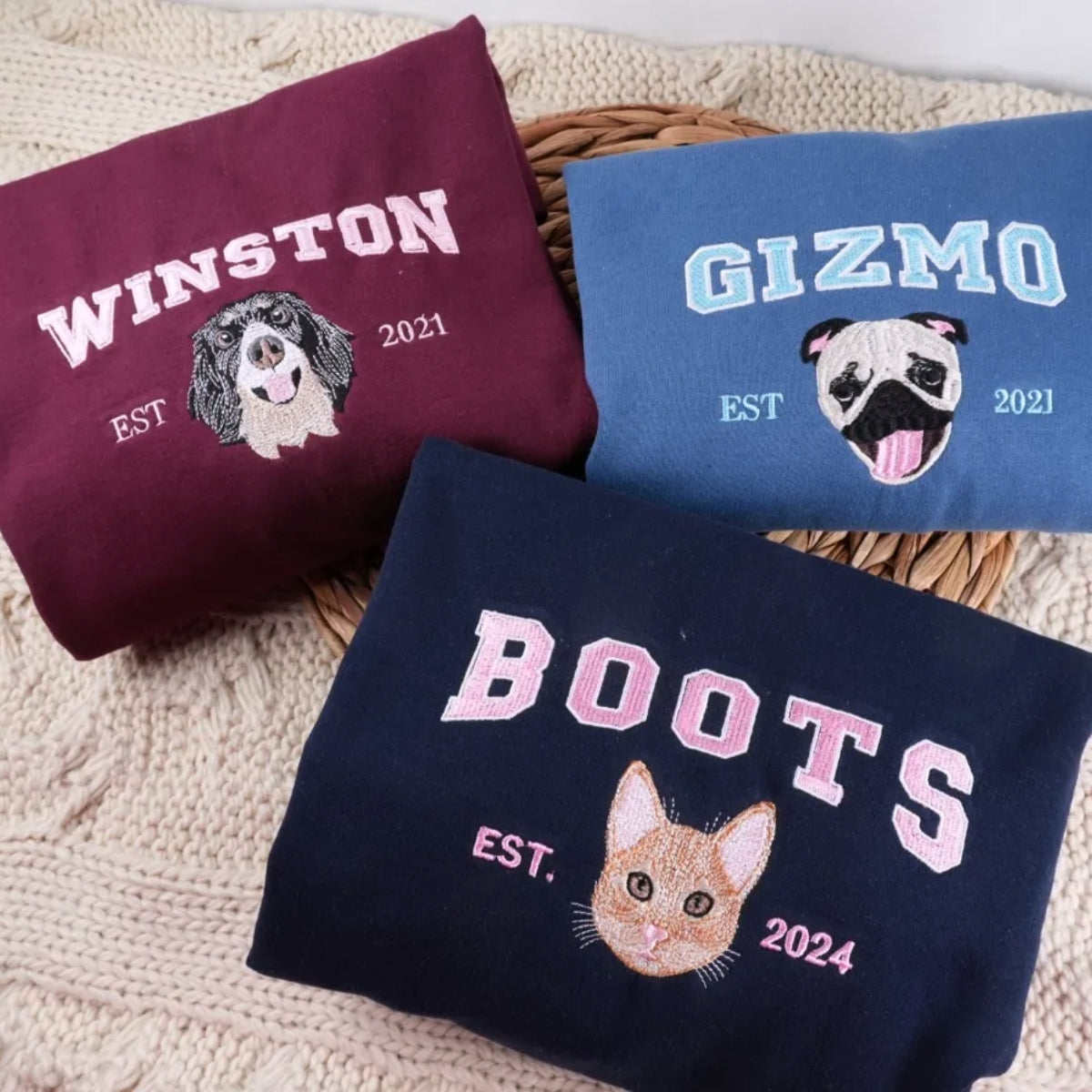 Custom Pet Portrait Hoodies - Varsity Style Dog Cat Face Embroidered Sweatshirts with Names - Premium Pet Lover Gift