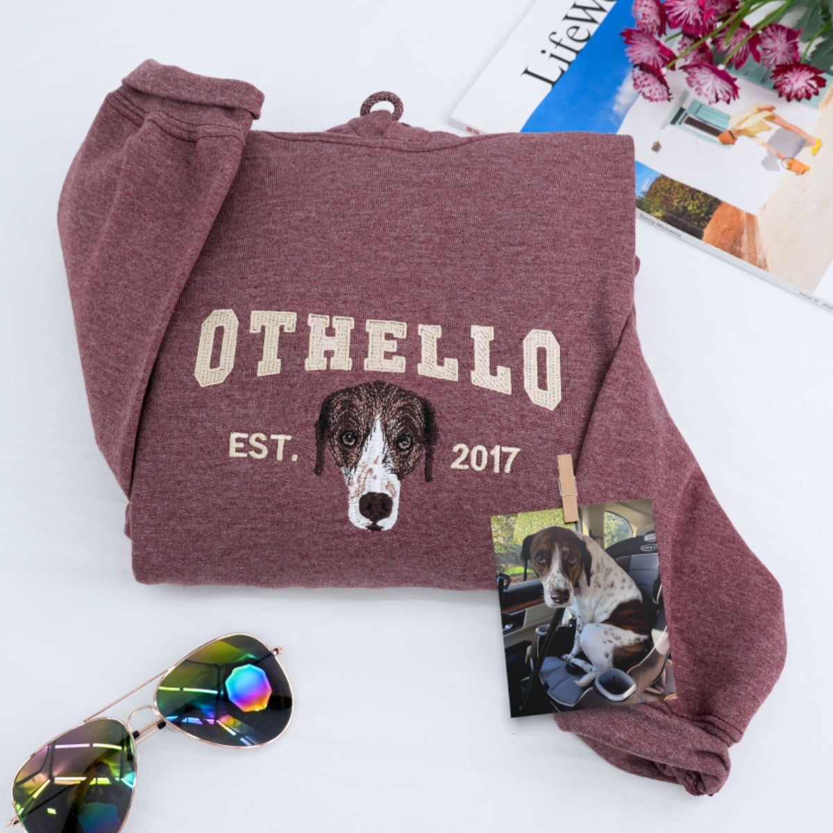 Custom Pet Portrait Hoodies - Varsity Style Dog Cat Face Embroidered Sweatshirts with Names - Premium Pet Lover Gift