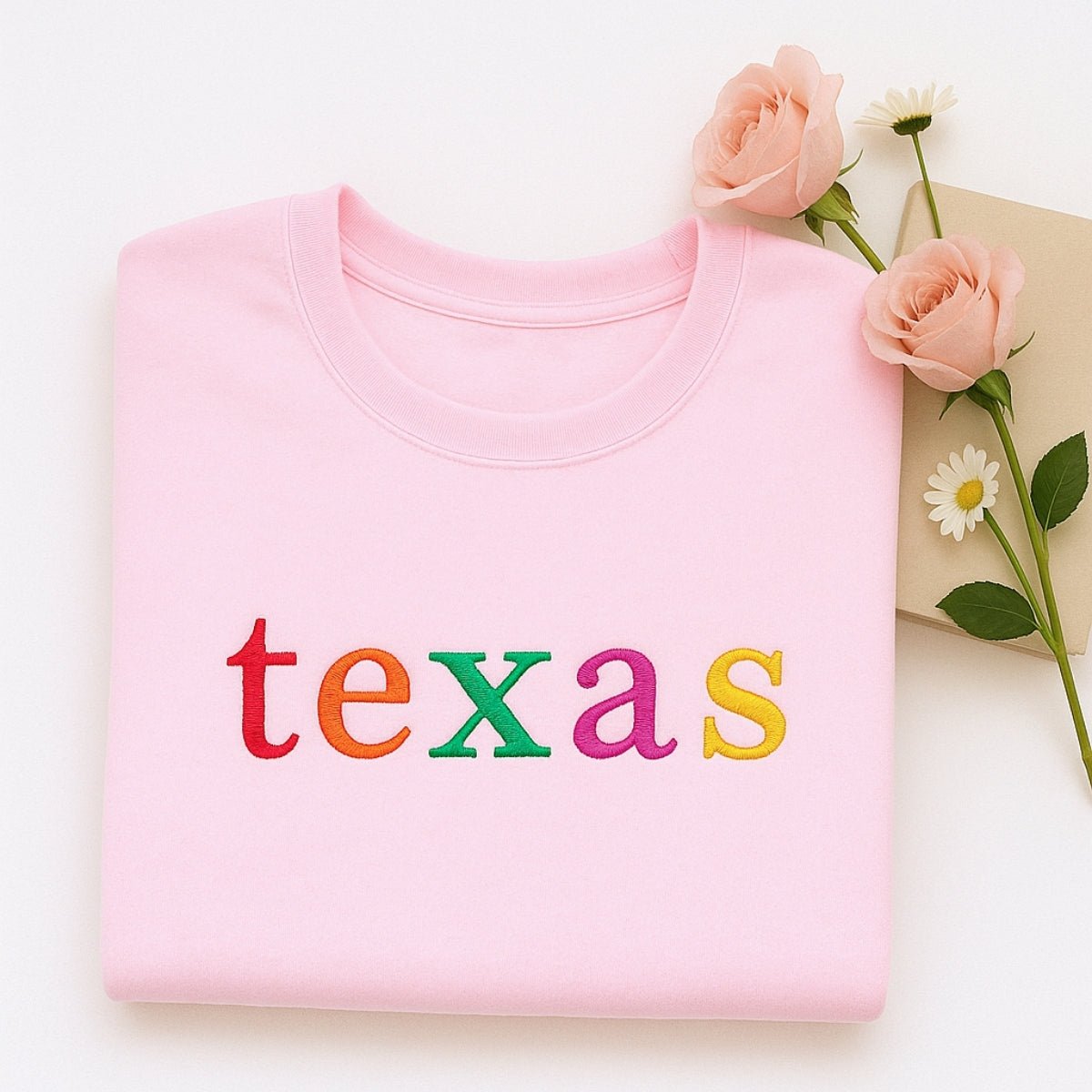Custom Texas State Sweatshirt - Colorful Embroidered Lettering - Lone Star Pride Gift