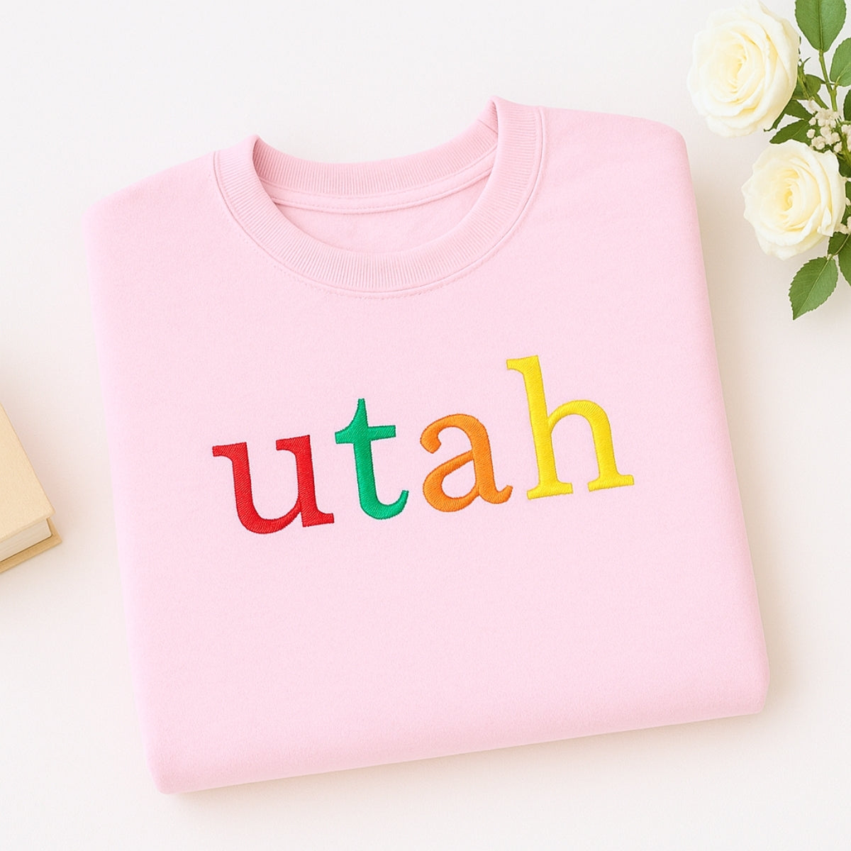 Custom Utah State Sweatshirt - Rainbow Embroidered Letters - Beehive State Pride Gift