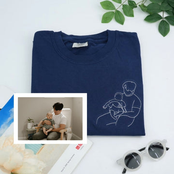 Dad Child Outline Custom Embroidered T-Shirt - Father Matching Shirt - Personalized Father's Day Gif